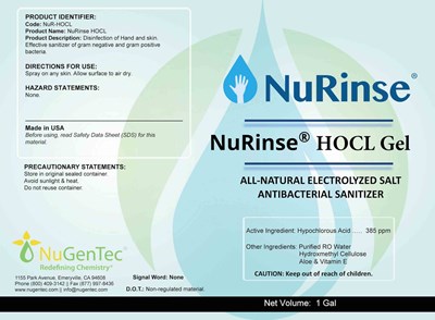 Nurinse Front Gel 80 A+e (Hocl Gel Label 1 Gal 8.5x6.5  Fda (1) Sm)